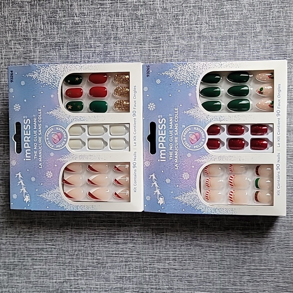2 imPRESS Press On Nails Holiday Nail Kits Green Red Gold 90 Nails each New